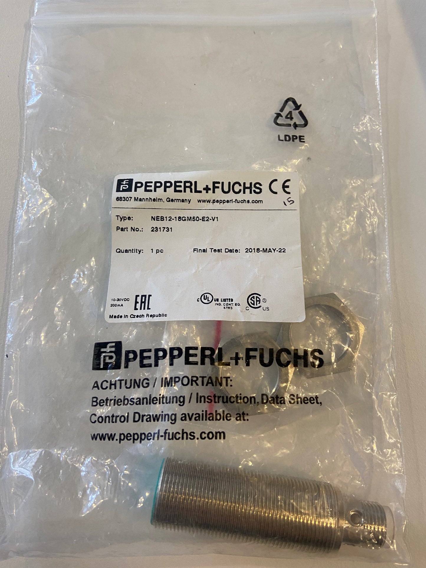 Pepperl & Fuchs  NEB12-18GM50-E2-V1 INDUCTIVE SENSOR M18, 12MM RANGE